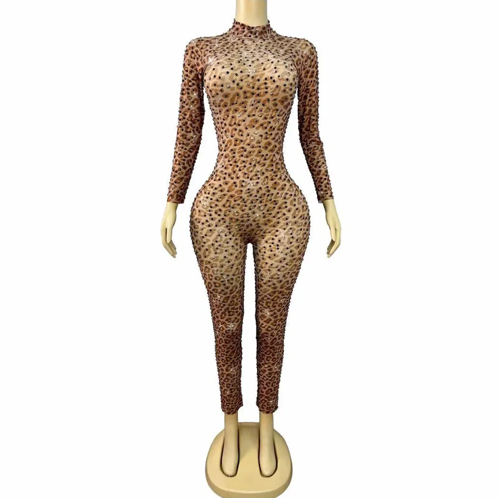 

Sexy Leopard print Black Rhinestones Mesh Sexy Jumpsuit Women Party Celebrate Fashion show Singer Dancer Performance Outfit