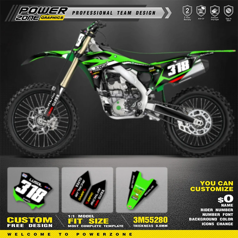 

PowerZone Custom Team For Kawasaki KXF 250 KX 250F 2020 2019 2018 2017 Motorcycle Graphics Background Decals Sticker 01