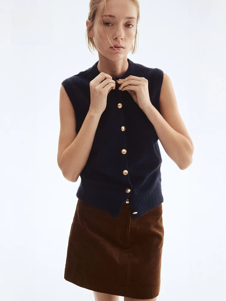 เสื้อกั๊กถักไหมพรมผู้หญิง H&M สไตล์ลำลอง กระดุมเดี่ยว อุ่นสบาย สำหรับฤดูใบไม้ร่วงและฤดูหนาว แฟชั่น โพลีเอสเตอร์ อะคริลิก ขนสัตว์ สแปนเด็กซ์