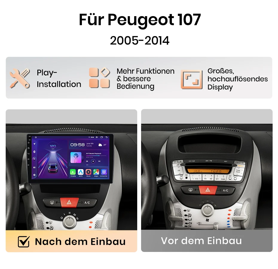 Junsun 10 Zoll Android 15 Autoradio für Peugeot 107 Toyota Aygo Citroen C1 2005 - 2014 Kabellos für Apple CarPlay Auto IPS Bildschirm Stereo Multimedia Videoplayer Automotive Smart Intelligent Systems 2 Din Autoradio Head Unit GPS Bluetooth 4G FM AM DSP RDS DAB+ – Detail 4