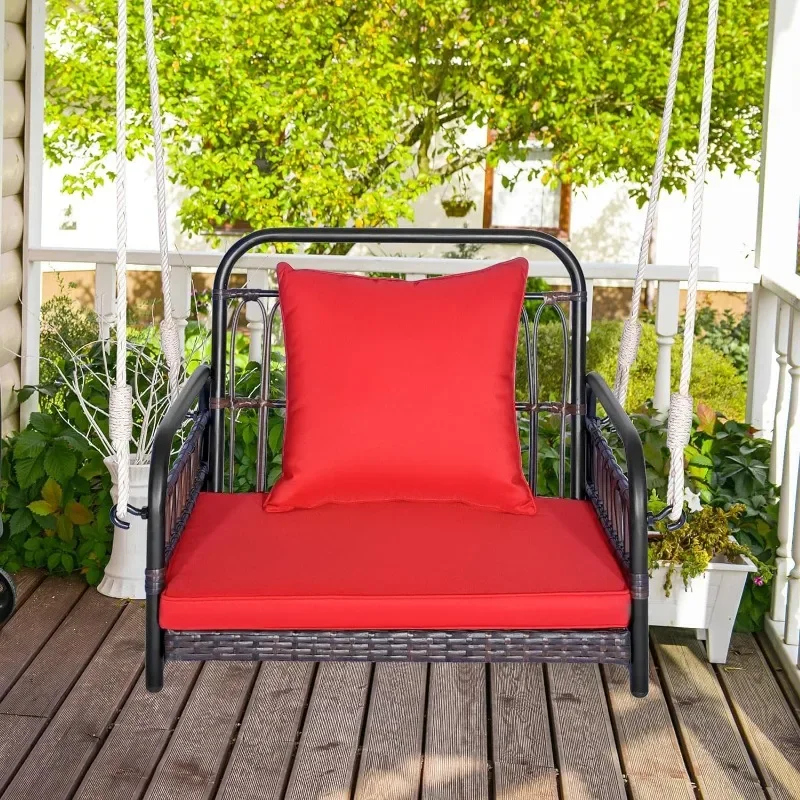 Outdoor Metal Porch Swing, Single Person Hanging Seat w/Woven Rattan Backrest, 2 Sturdy Hanging Ropes, Seat & Back Cushions