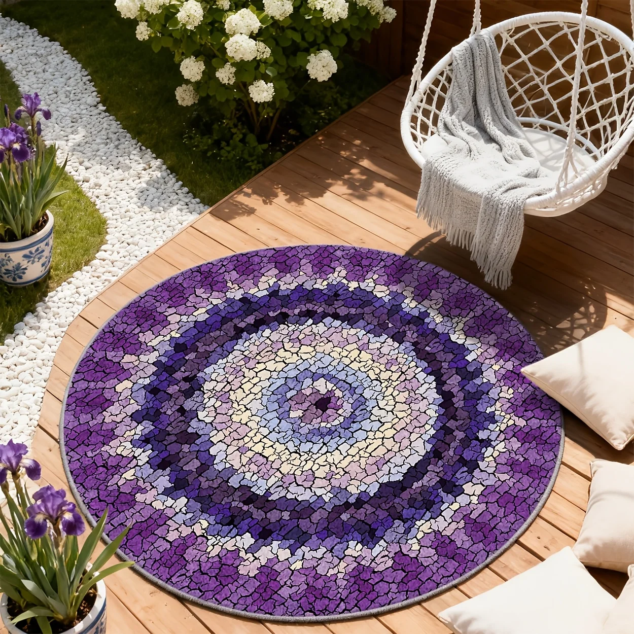 Decorative Round Polyester Mosaic Mandala Rug Boho Bohemian Living Room Area Mat Purple Blue Concentric Circle Floor Decor
