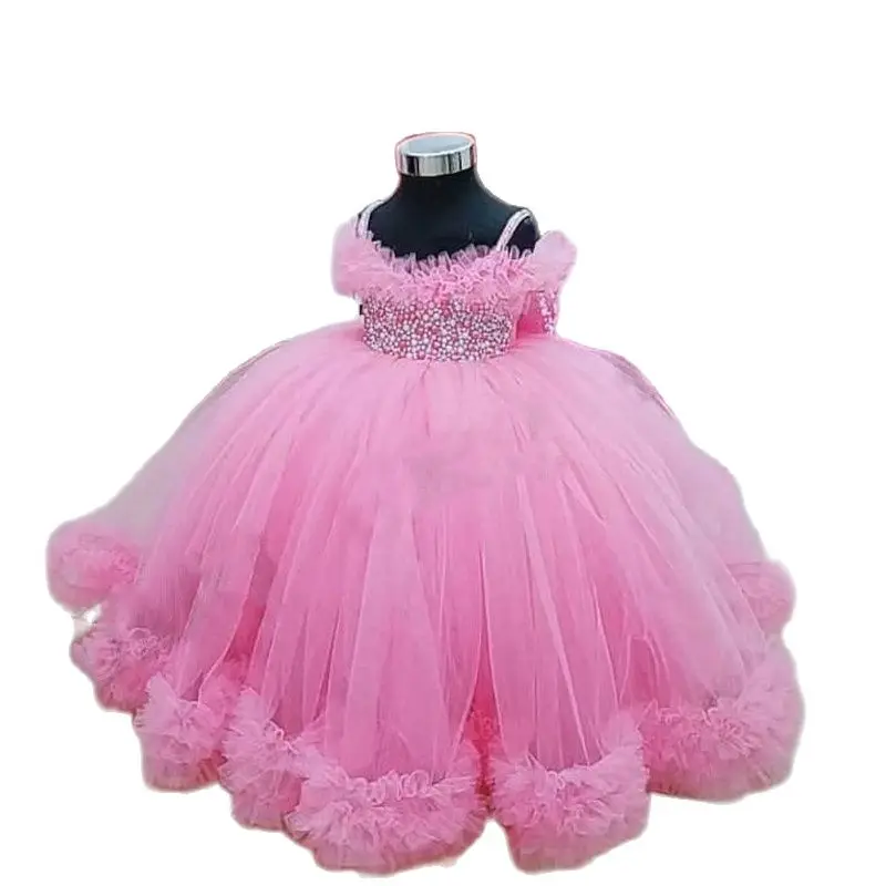 Vestido de fiesta de cumpleaños para niños, vestidos de comunión rosa, vestidos de niña de flores, correas de cuello, disfraces de fotografía personalizados