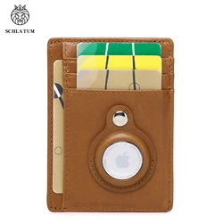 SCHLATUM Genuine Leather RFID Slim Minimalist Card Holder High Quality Apple Airtag Protective Case Men Business Wallet