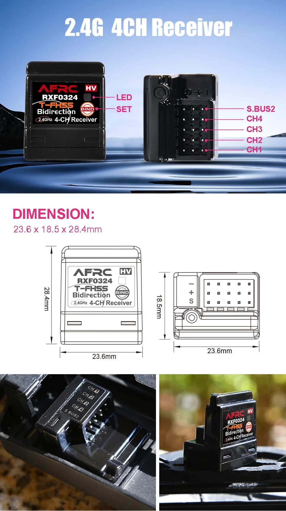 AFRC 4-Kanal 2,4G Funkempfänger FUTABA T-FHSS RXF0324 für RC-Autos, kompatibel mit den Sendermodellen 10PX 7PXR 7PX 7XC 4PM – Detail 2