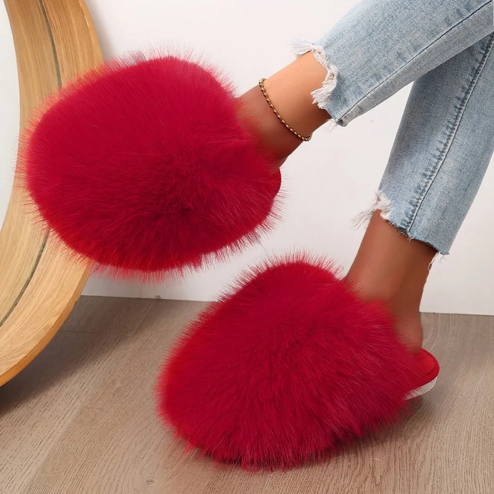 Winterfellige Damen-Hausschuhe, bequeme Flip-Flops, flache Pantoffeln, Indoor-Schlafzimmer-Plüschschuhe für Damen – Detail 8