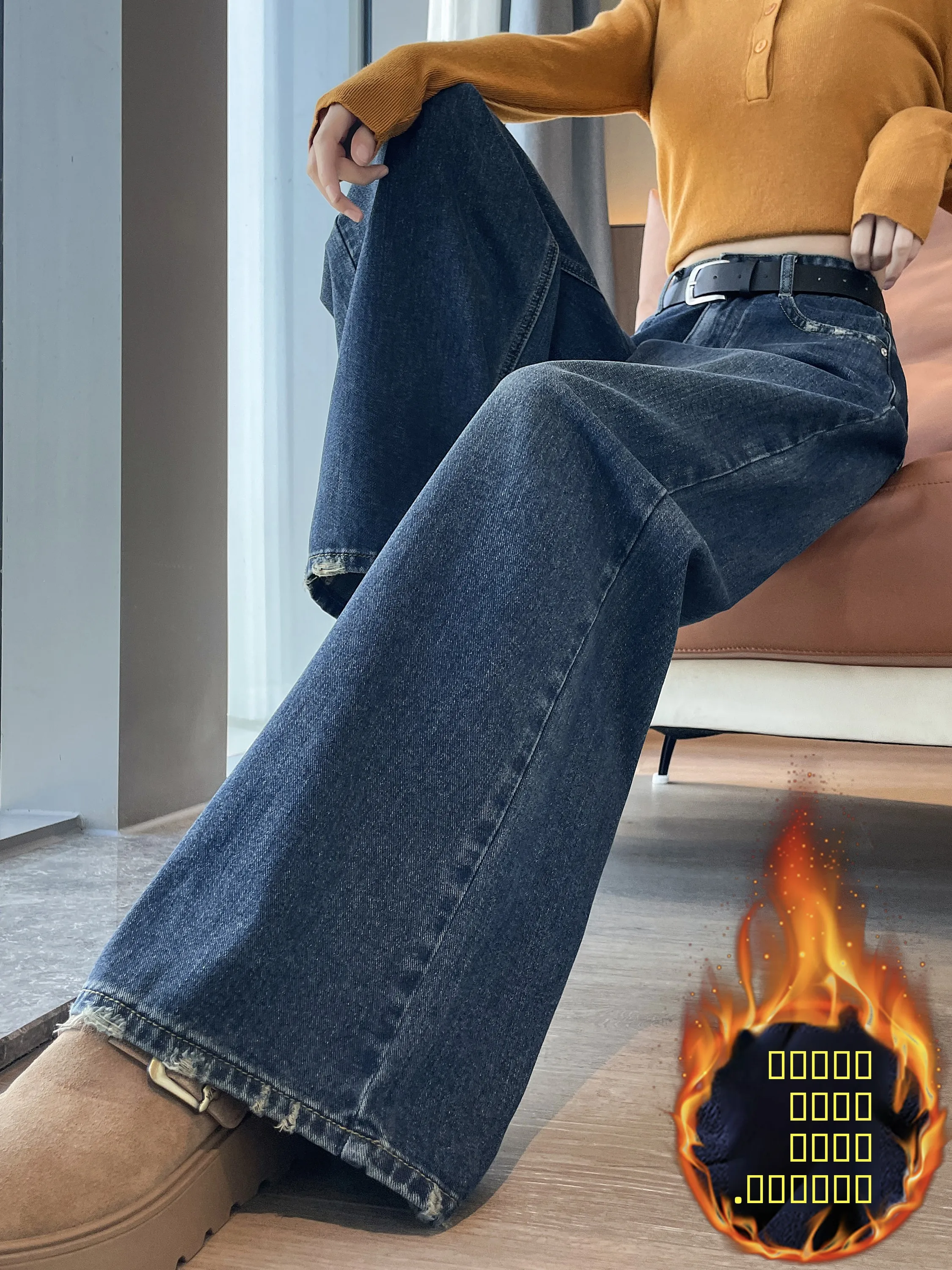 

Ретро-синие джинсы с флисовой подкладкой, широкие, женские, зимние, новые, с высокой талией, утягивающие, свободные, струящиеся, рваные, в пол