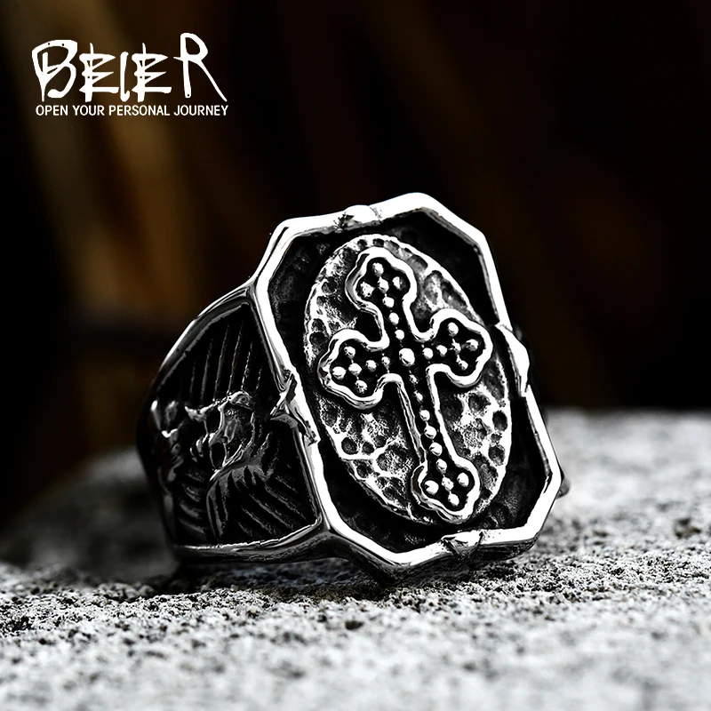 BEIER New Stainless Steel Templi Signvm Militie Ring For Man Personality Cross Knight Jewelry Wholesale Factory Price BR8-823