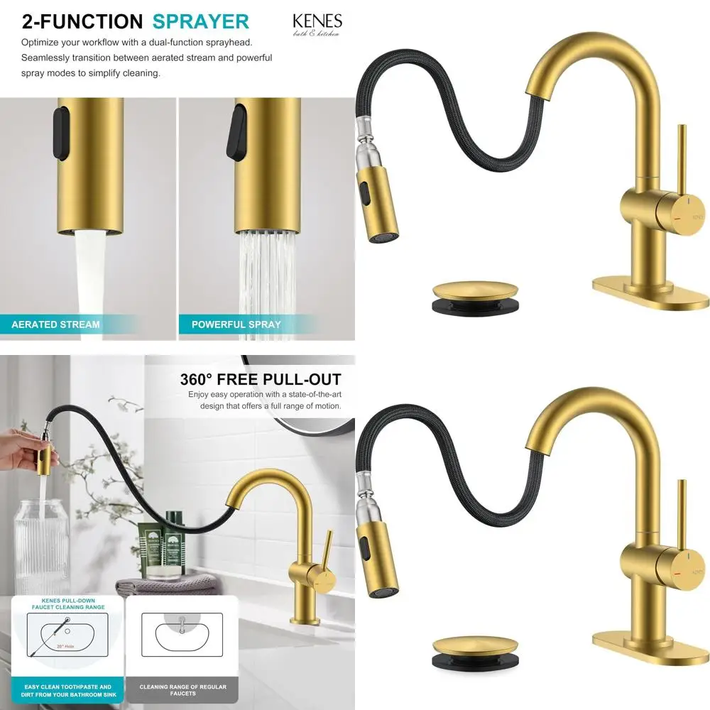 

Single Handle Brushed Gold Bathroom Faucet with Pull-Out Spray, Vanity Sink Mixer Tap with Spray and Pop-Up Drain