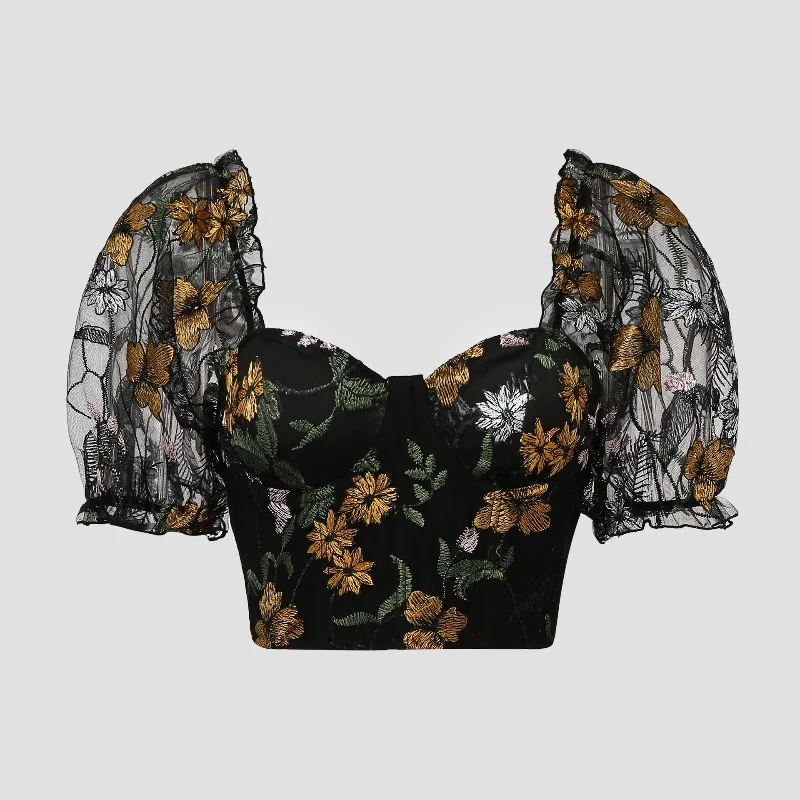 Sexy Women's Cropped Blouse 2025 Hot Girl Sheer Mesh Bubble Sleeve Shirt with Embroidery Buttons Top for Outside
