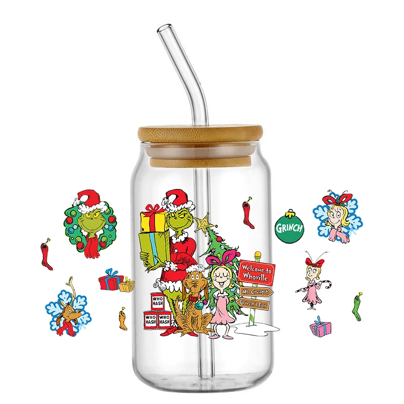 Easy peel waterproof DIY Decals Christmas series 3D transfers uvdtf crystal sticker 16oz uv dtf cup wraps for Libbey Glasses