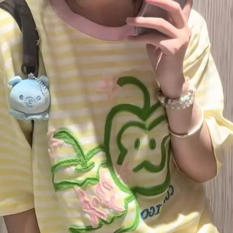 

Apple Embroidery Tops & Tees Campus Striped Short Sleeved T-shirt Women Summer 2025 Y2K New Loose And Slim Casual Top Tee New