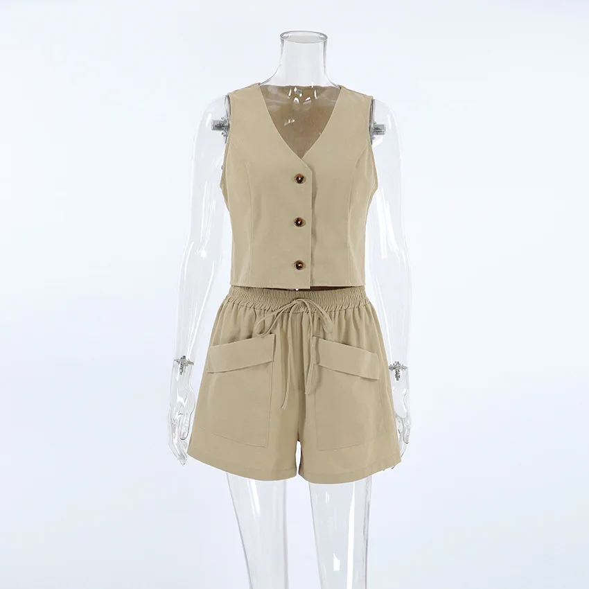 

Two Piece Set Women Outfit 2025 Summer New Khaki Cotton Linen Sleeveless Crop Vest Top & High Waist Pocket Casual Shorts Set