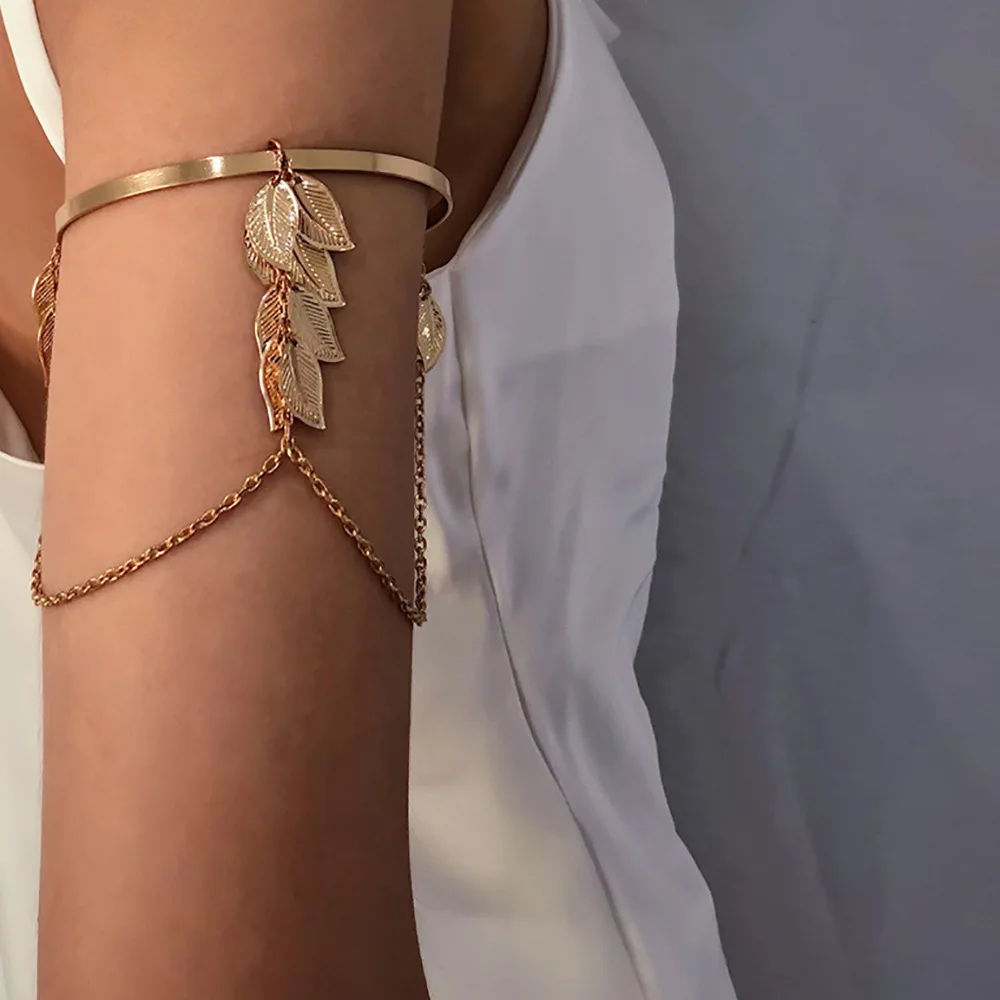 Versatile Street Clapping Bracelet with Leaf Tassel Chain Geometric Adjustable Open Arm Bracelet Stage Shows for Dancer Women