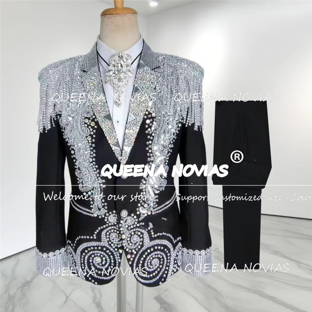 Sparkling Beaded Stones Suits Men 2 Pieces Sets Customized Single Breasted Groom Blazer With Pants Male Fashion Wedding Tuxedos