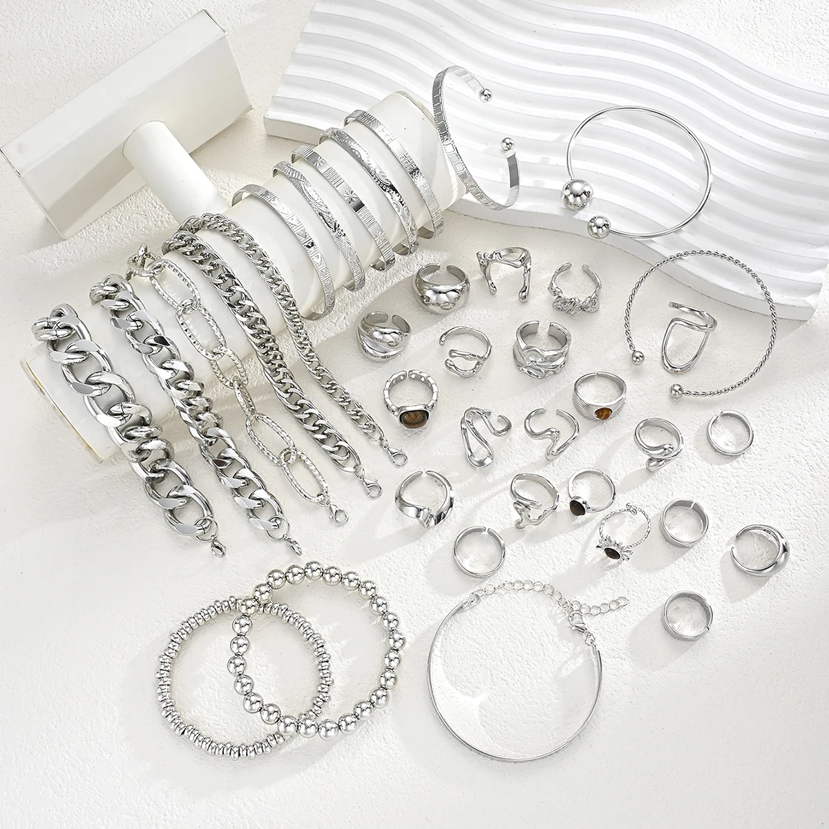 37Pcs Silver Stackable Jewelry Set For Women Minimalist Trendy Layered Chain Bangle Adjustable Finger Ring Party Daily Wear Gift