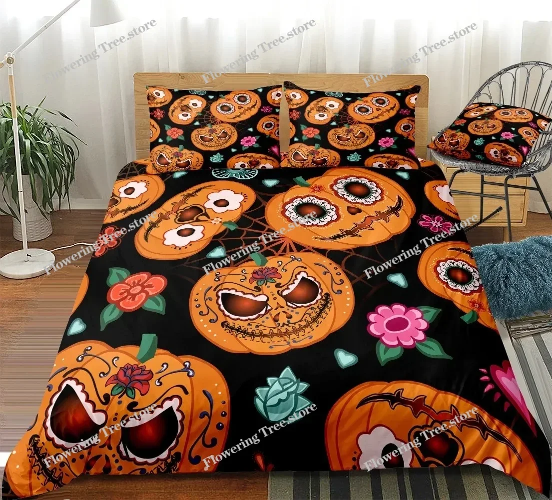 Happy Halloween King Queen Duvet Cover Orange Pumpkin Bedding Set Kids Teens Adults Bats Horror Festival Polyester Quilt Cover