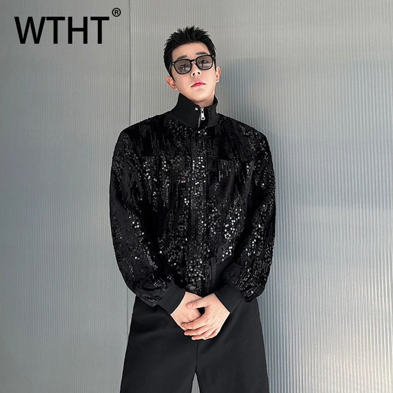 WTHT Fashion Men's Sequin Ribbon Design Casual Coats Trendy 2026 Summer Zipper Stand Collar Loose Jackets Male 2A2873