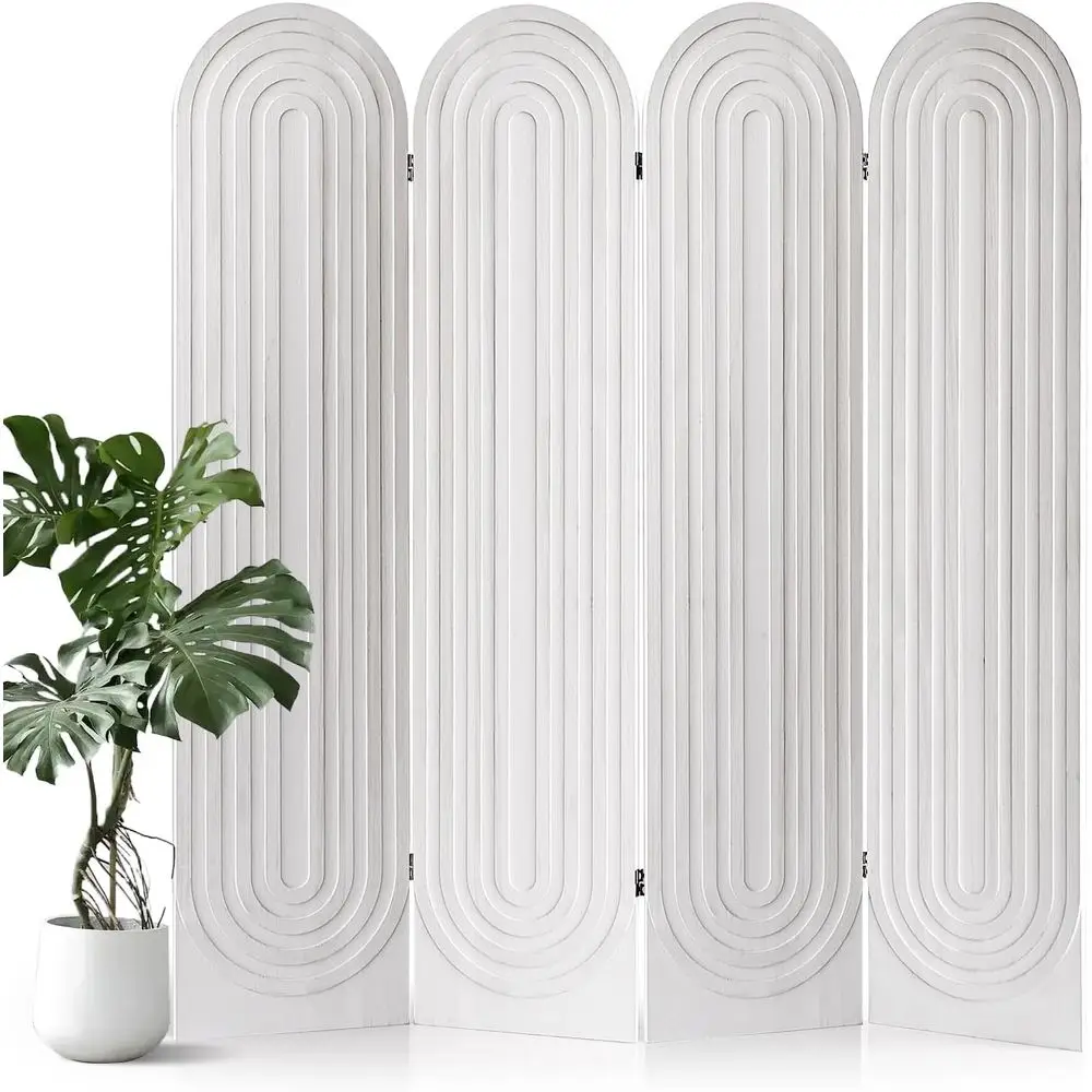 4-Panel Arched Wooden Room Divider for Privacy in Home Office or Bedroom (White)