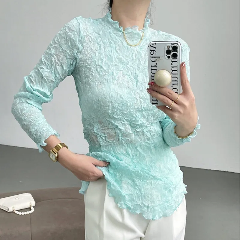 

Miyake New Slim Thin Stretch T-shirt Pleated Bottoming Shirt Women Round Neck Long-sleeved Semi-transparent Peplum Tops Women