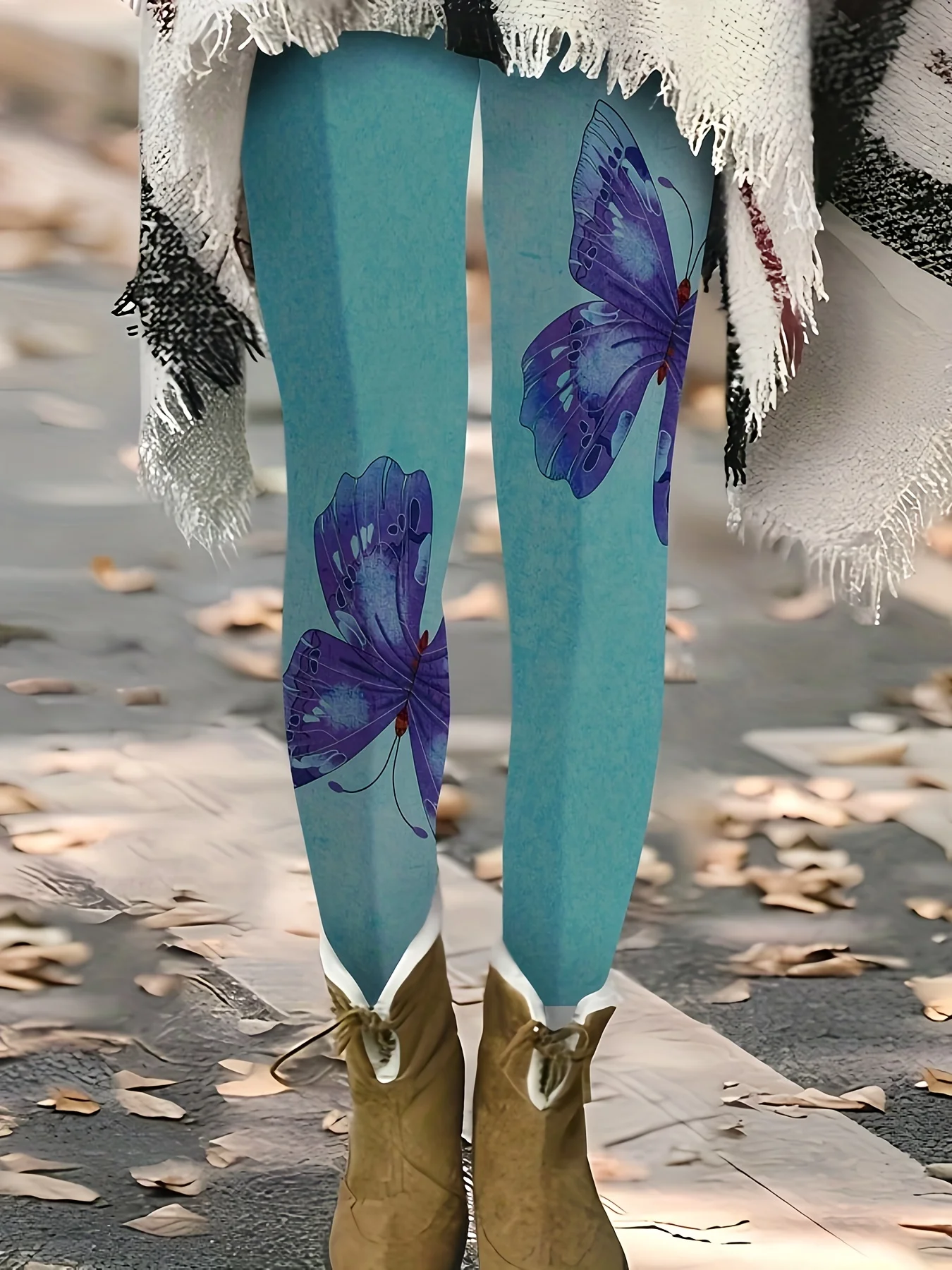 

Watercolor Butterfly Leggings for Women Cyan Purple Giant Print Soft Trousers