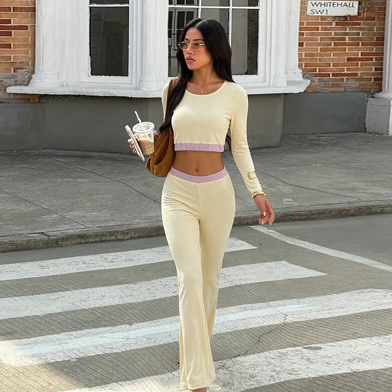 Yj26447 Color-blocked Crop Top And Long-sleeved Pants. Set For Women, High-waisted Slim-fit And Slightly Flared Pants., A