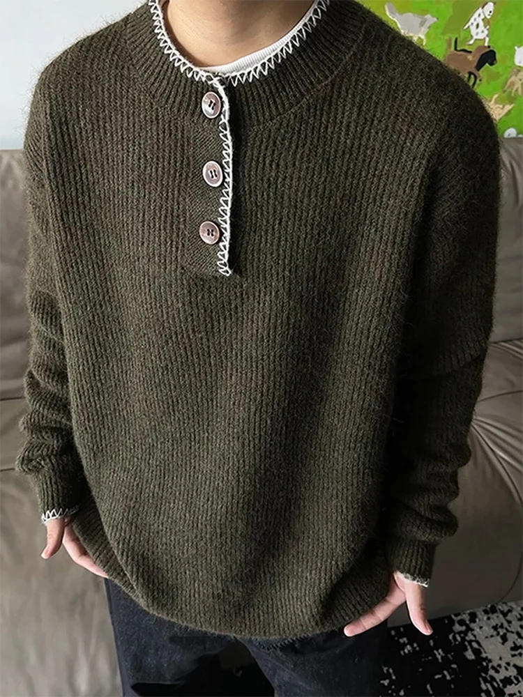 

Вязаный свитер с воротником Хенри ручной работы, повседневный, свободного кроя, с длинными рукавами, мужской, удобный, универсальный, из полиэфирного волокна, с круглым вырезом...