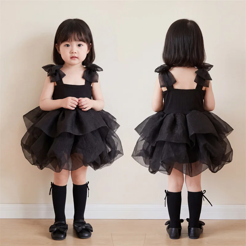 Baby Kids Princess Tulle Tiered Bow Flower Girl Dress Children First Communion Dress Ball Gown Wedding Party Dress Birthday