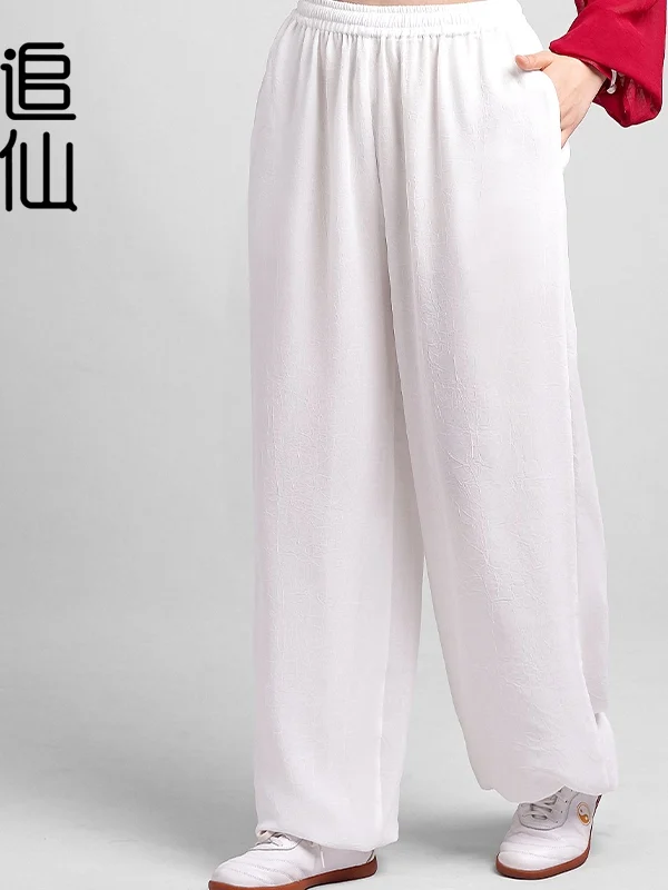 ゆったりとした快適な太極拳パンツ-男性と女性向け-オールシーズンに適しています-伝統的な工芸要素-朝の運動に最適