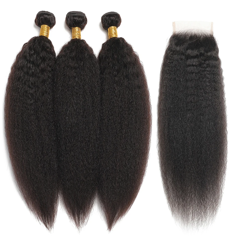 12A Kinky Straight Bundles With Closure Malaysian Kinky Straight Virgin Human Hair Bundles With 4X4 Lace Closure With Baby Hair