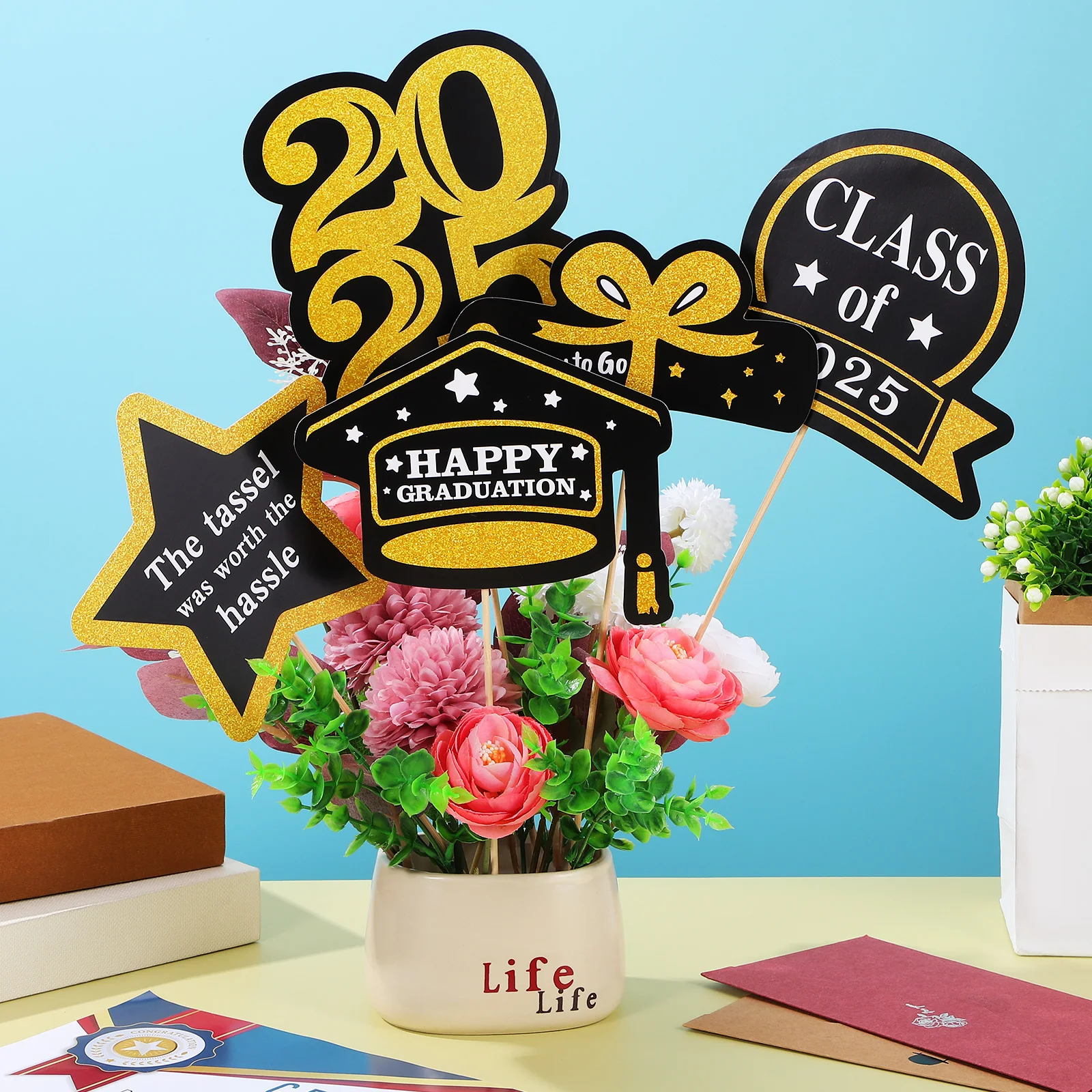 

1Set Graduation Party Vase Toppers Elegant Table Centerpieces for Grad Celebration Decorations with Sticks Variety Pack