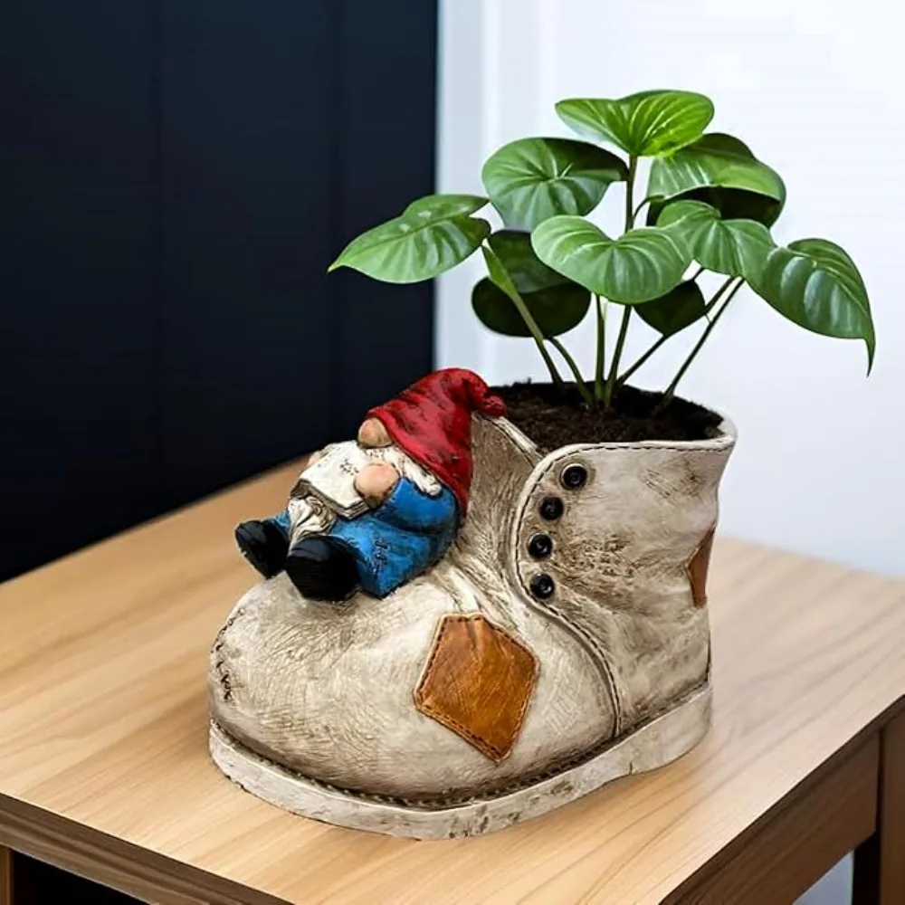 

Cute Boot Planter Pot for Indoor Outdoor Gnome Resin Succulent Plant Flower Pots with Drainage Hole Home Garden Decoration Gift
