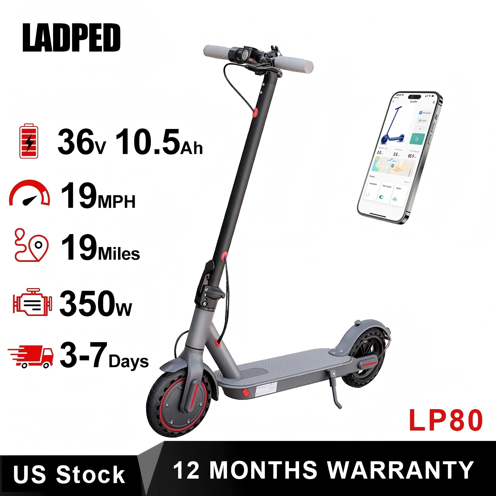 LADPED Scooter Eléctrico 350W 19mph APP Scooter Inteligente Amortiguador Antideslizante ‎ Scooter eléctrico impermeable plegable de 8,5 pulgadas