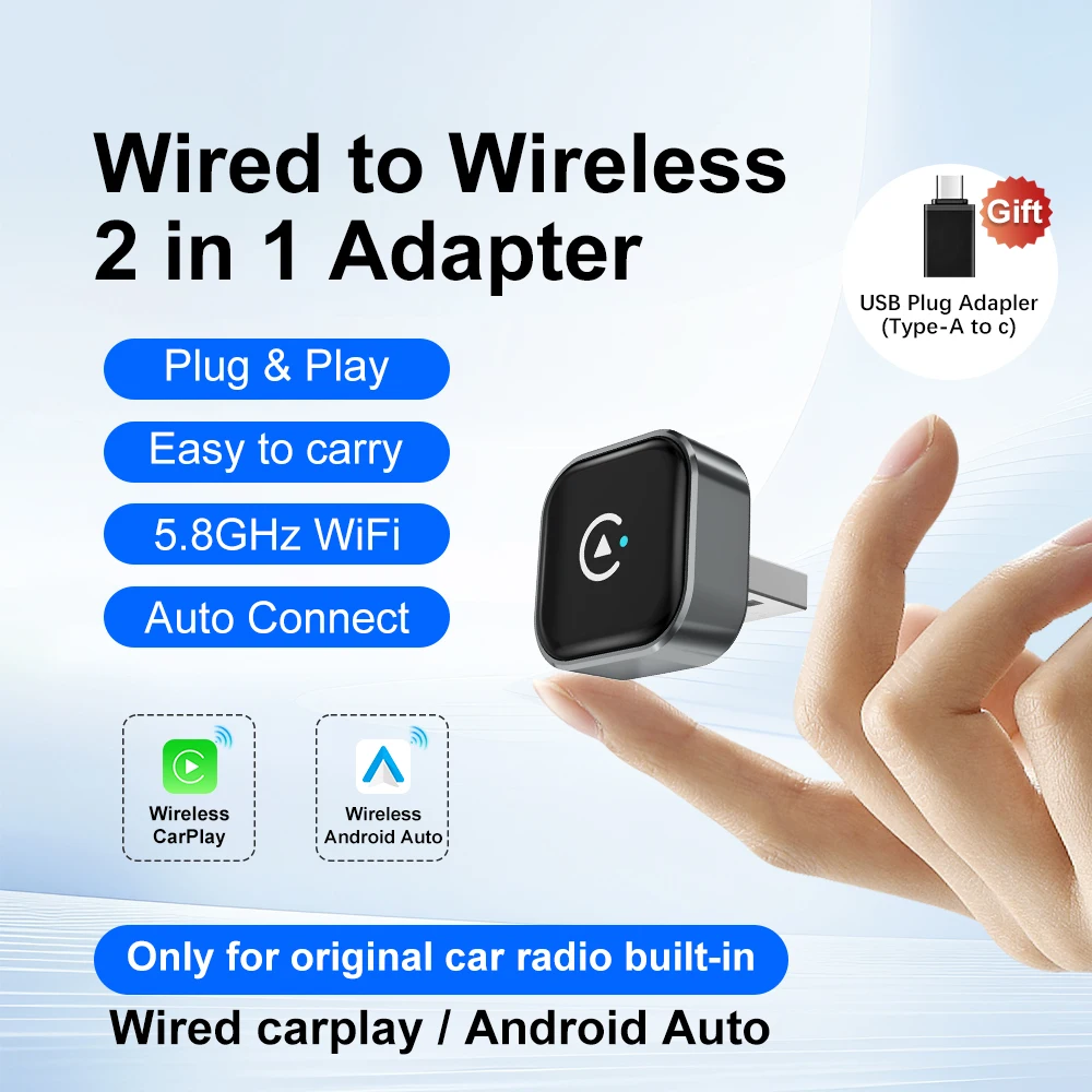 FLIXIVI NEUESTER Kabelloser CarPlay-Adapter 2-in-1 Kabelgebunden zu Kabellos Dongle für Apple & Android Auto Plug-and-Play für OEM Kabelgebundene Autos