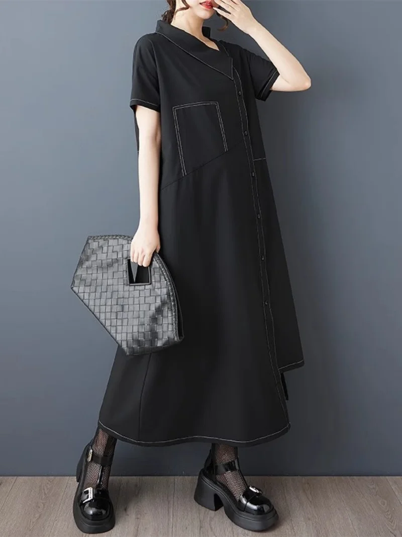 2025 verão estilo escuro único breasted vestido irregular para mulheres solto e elegante fio brilhante tamanho grande camisa vestido w095
