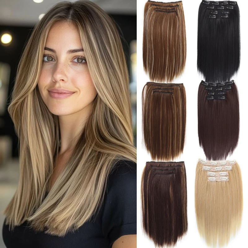 

Synthetic 4PCS Clip in Hair Extensions 14inch Straight Hair Extensions with BB Clips Invisible Seamless Hairpiece for Women Use