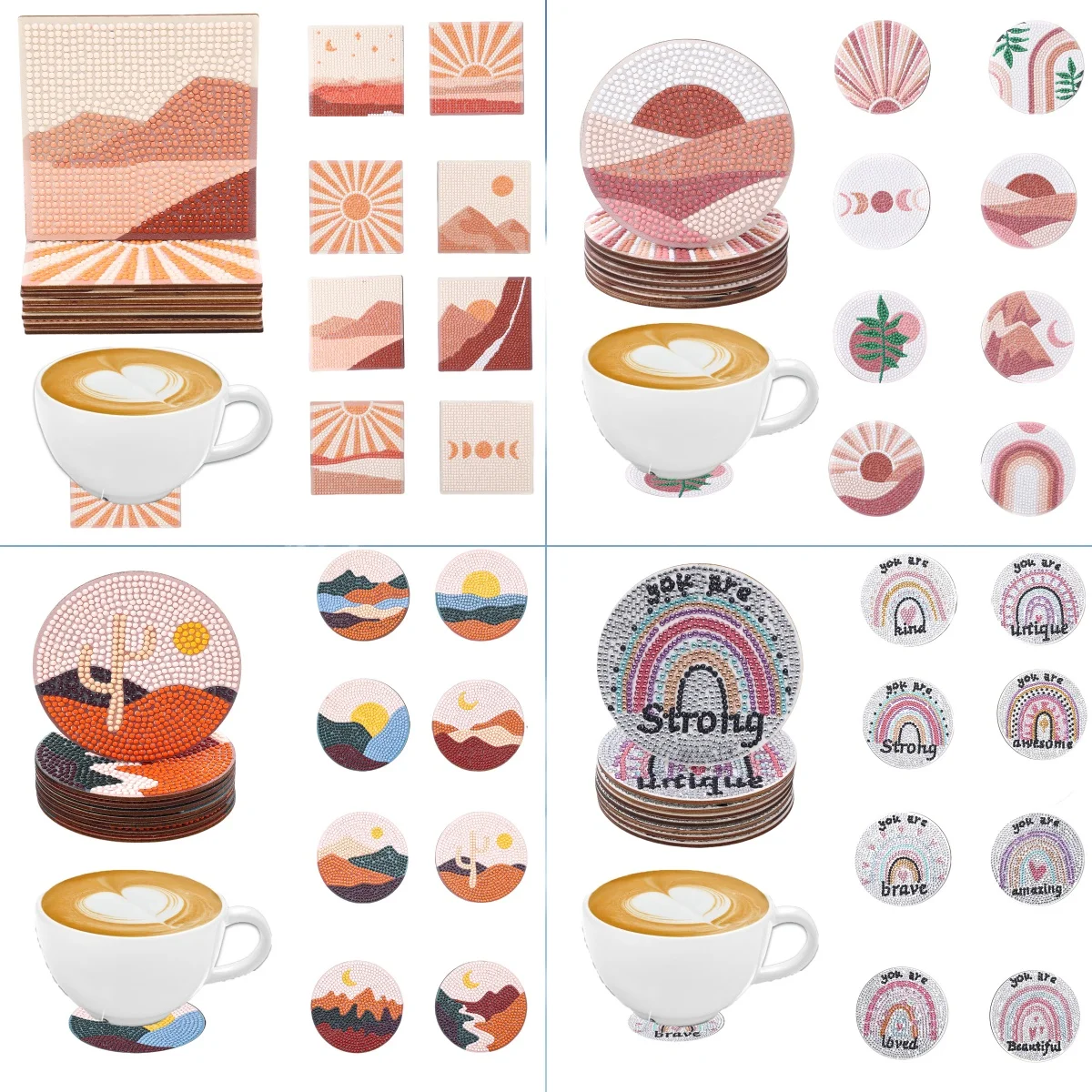 8-Piece Landscape Pattern DIY Diamond Art Painting Coaster Set - Anti-Slip Wooden Coasters Without Cup Holders, Bar, Living Room