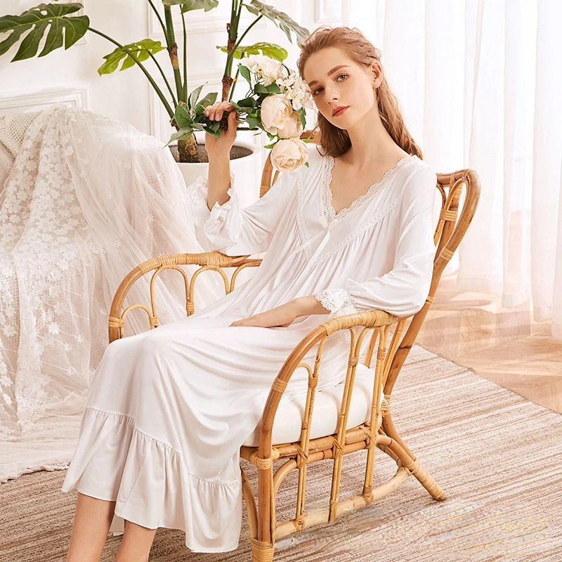 Autumn Vintage Nightgowns Women Modal Cotton Peignoir Long Night Dress Victorian Romantic Loose Sleepwear Princess Sleeping Robe