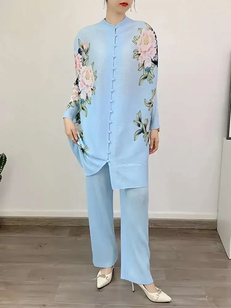 Miyake 2025 Summer New Single Breasted Top Casual Straight Wide Leg Pants Female Fashion Printed Pleated Two Piece Women's