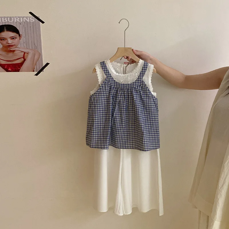 Girls Summer New Fashion Stylish Two Piece Plaid Sleeveless Strapless Dress Versatile Casual Skirt Pants Two Piece Set