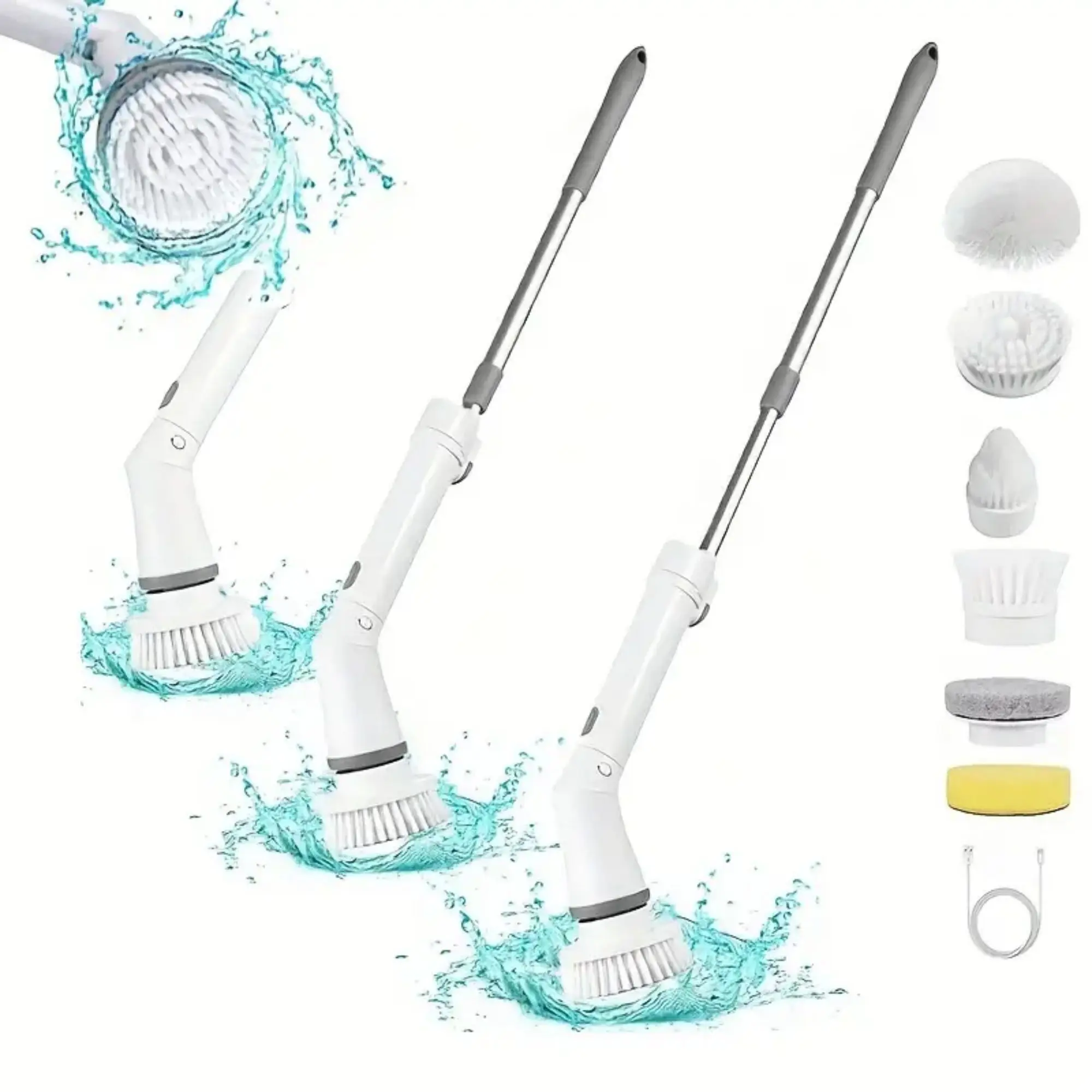 1Set Electric Cleaning Brush,USB-C Charging Line Spin Scrubber,Long With 6 Replaceable Brush Heads, Floor Bathroom Scrubber