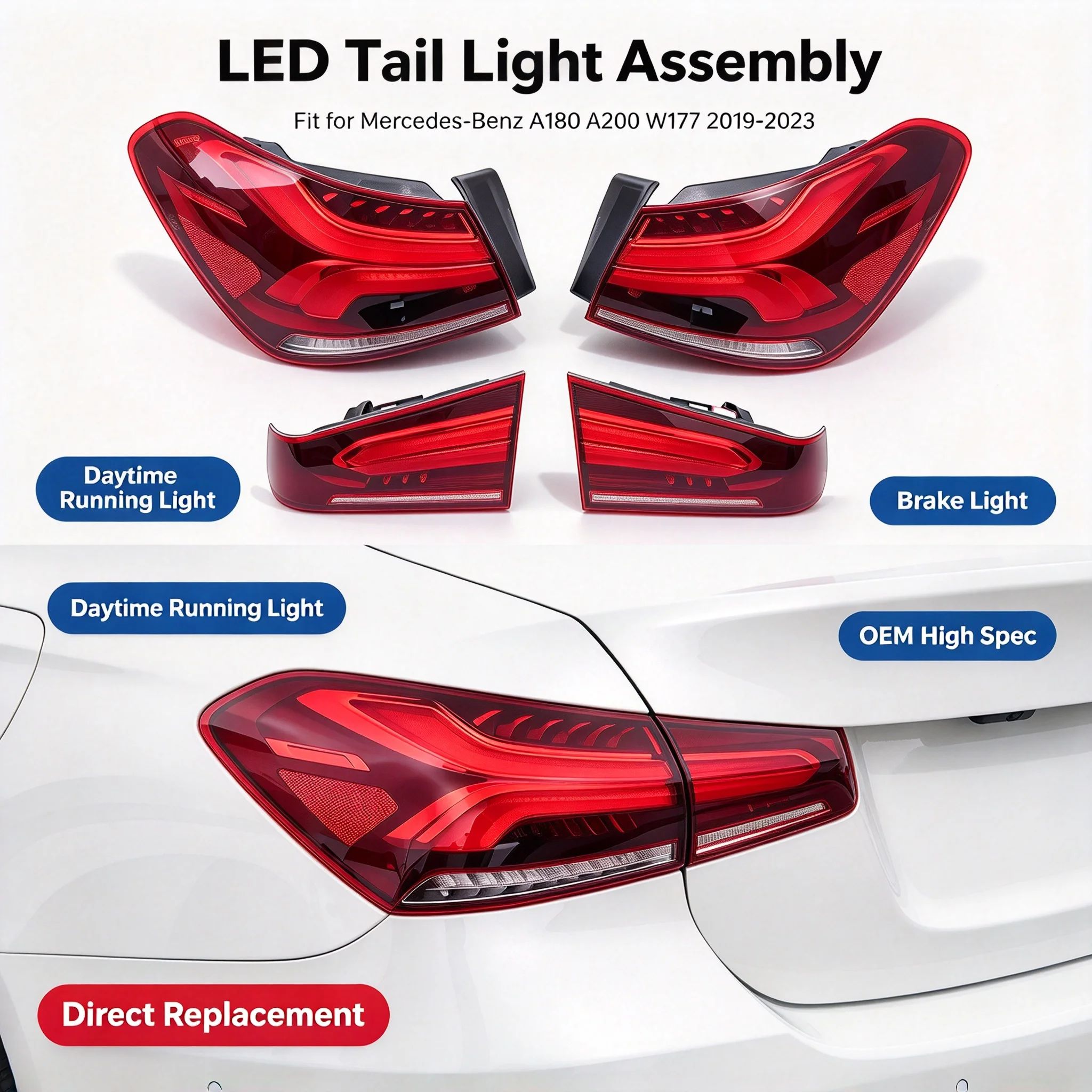 For Mercedes-Benz A-Class W177 2019-2023 A180 A200 Original High Configuration LED DRL Brake Tail Light Assembly Rear Taillamp
