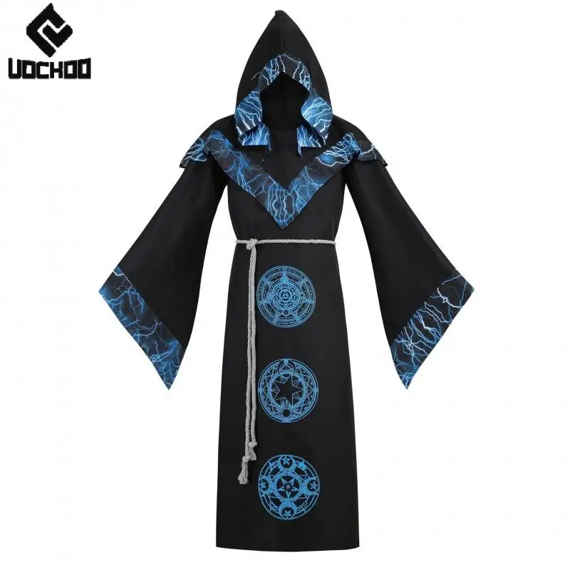 

Black Wizard Gown Men Halloween Cosplay Costume Hooded Monk Robe Witch Outfit Festival Carnival Clothing Day of The Dead Wear