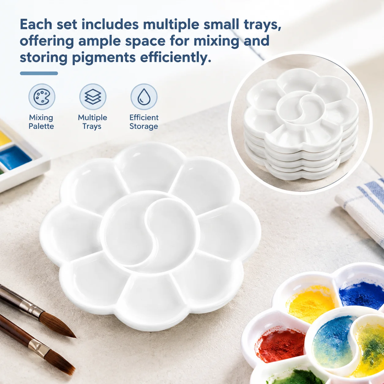 30 Round Paint Trays with 8 Wells White Plastic Paint-Mixing Palette Washable and Reusable Artist Paint Holder for Acrylic Oil