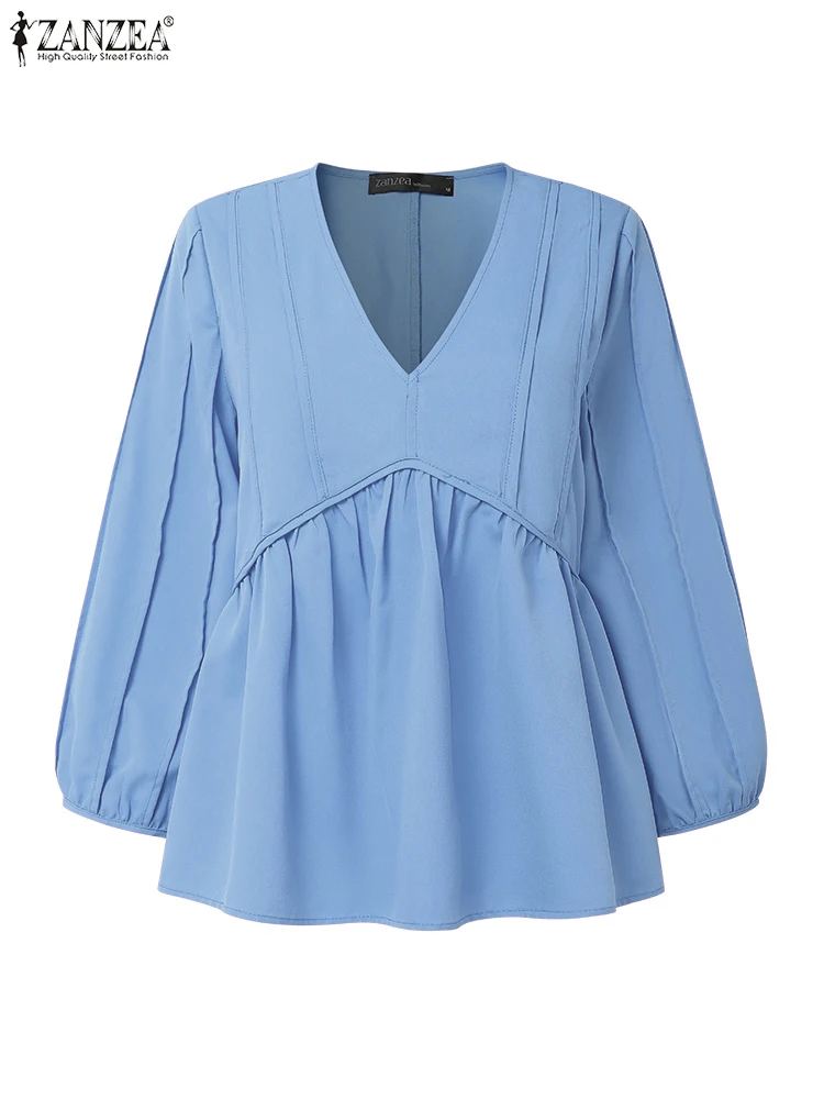 

ZANZEA Блузки больших размеров, модные однотонные женские сексуальные элегантные туники с v-образным вырезом и пышными рукавами, плиссированные офисные женские рубашки, осенние топы 2023 г.