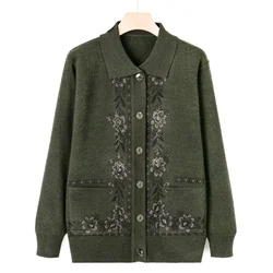 New Middle Aged Elderly Mother Woolen Coat Lapel Collar Women Spring Autumn Knitted Cardigan Sweater Female Knitwear Jacket