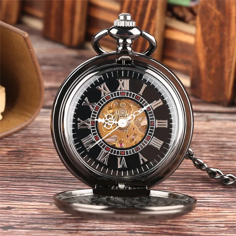 Retro Black Heart Shape Half Hunter Unisex Handwinding Mechanical Pocket Watch Steampunk Pendant Chain Clock Gift Men Women