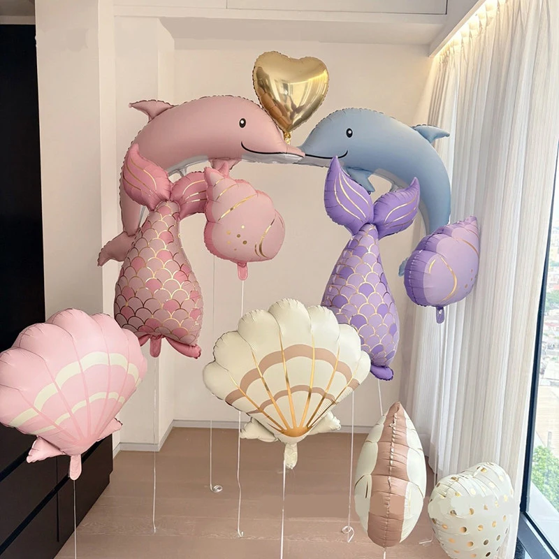 Meeres-Themen-Party-Dekoration für Mädchen: Prinzessin-Meerjungfrauenflosse, Muscheln, Delfin, Schneckenmuschel, Luftballons für Geburtstagsfeiern und Events