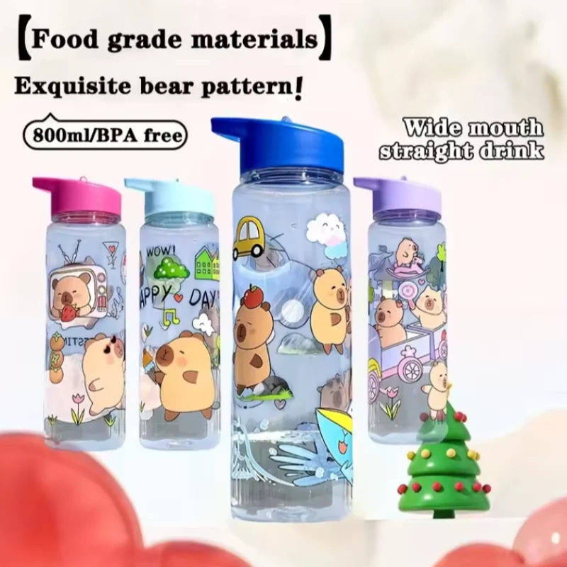 

750 мл бутылка для воды с принтом капибары и соломенной чашкой-непроливайкой герметичные пластиковые бутылки для воды для занятий спортом на открытом воздухе, кемпинга, чашка для напитков