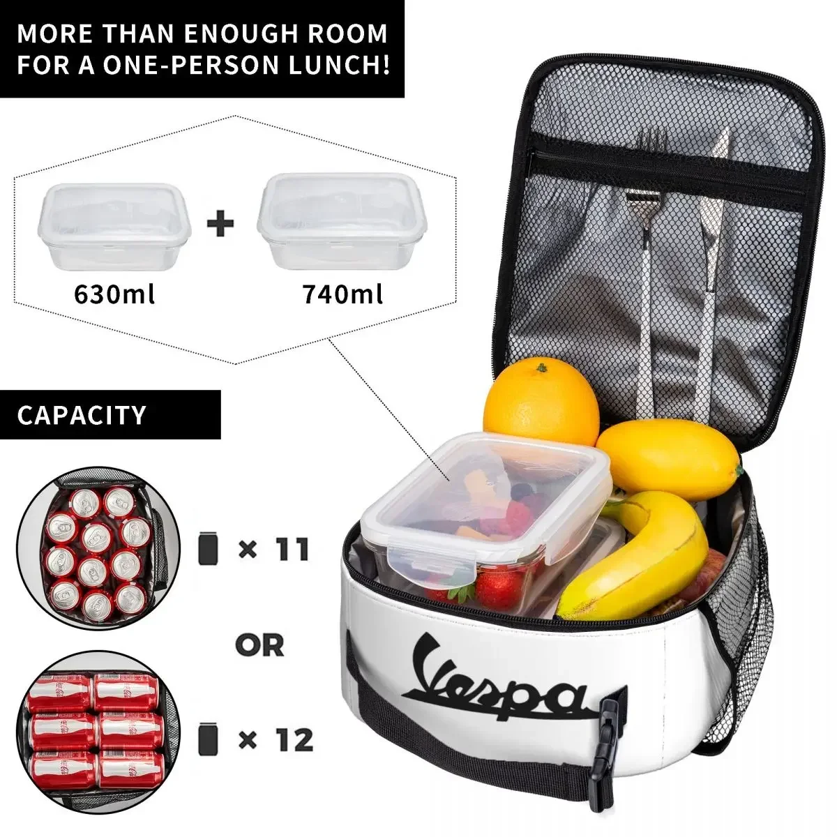 Vespa Piaggio Lunch Bag For Unisex Scooter Mopeds Lunch Box Picnic Portable Zipper Thermal Tote Handbags Oxford Print Cooler Bag